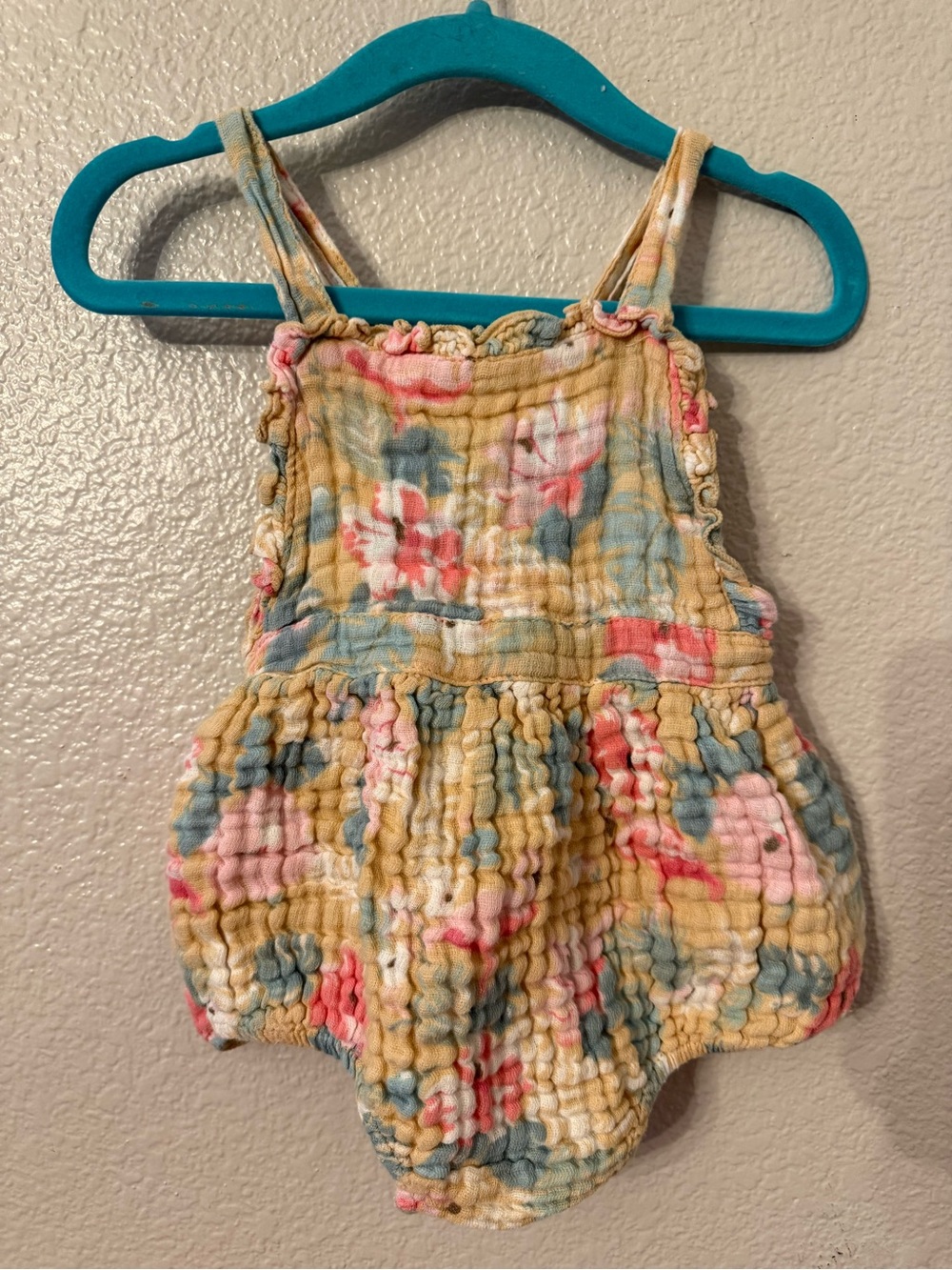 Angel Dear Multi-Color Floral Gauze Romper - Yellow, Pink, Blue, Cream